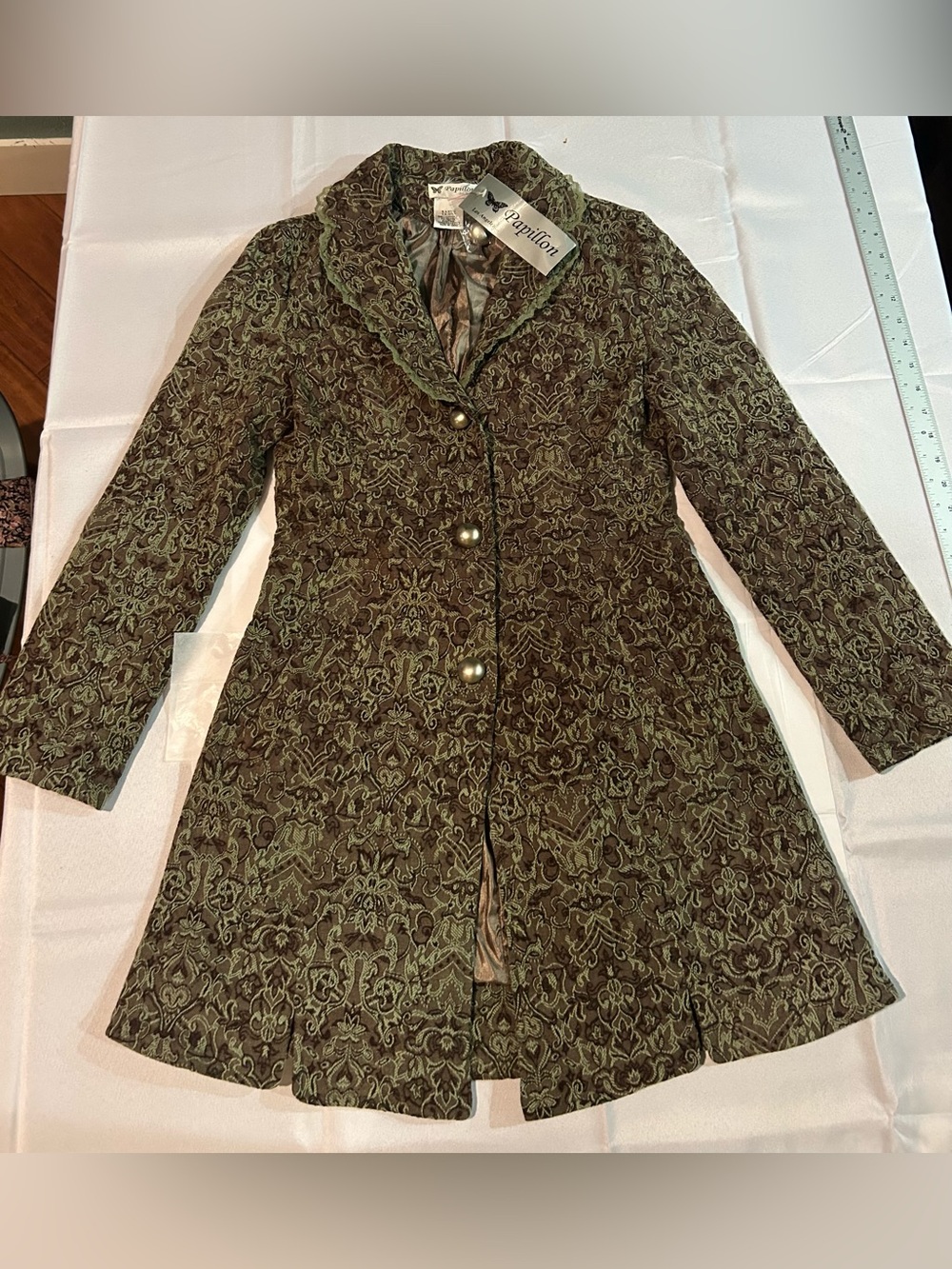 NWT Papillon Blanc Olive Patterned Trench Coat